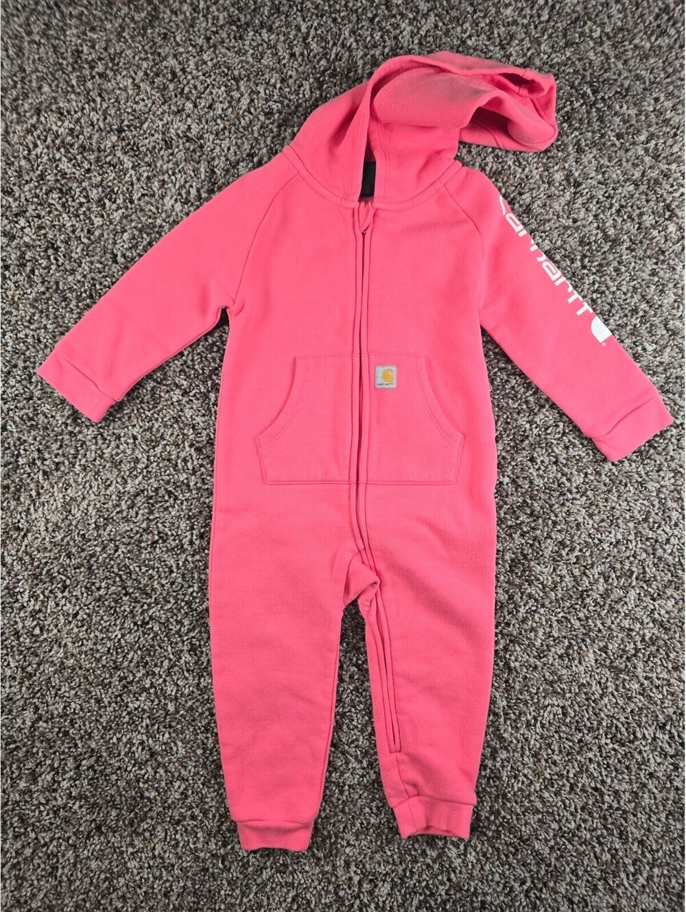 Carhartt Infant baby Girls' Sz 12M Fleece Zip-Front Hooded Coverall Pink